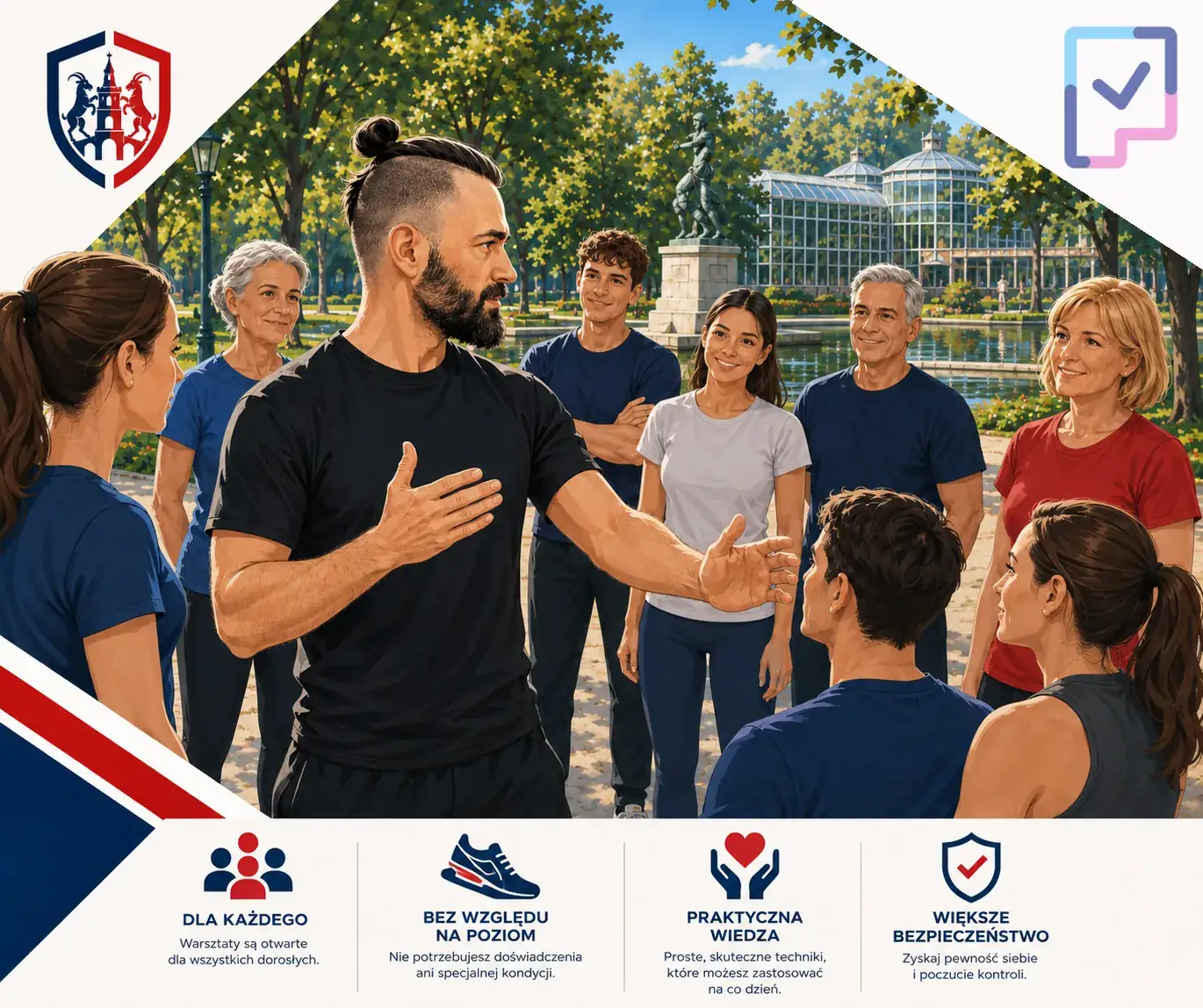 Grafika projektu: prowadzący omawia zasady z grupą uczestników w Parku Wilsona